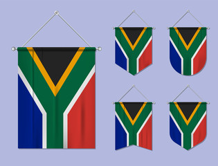 Set of hanging flags South Africa with textile texture. Diversity shapes of the national flag country. Vertical template pennant for banner, web, logo, award and festival