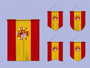 Set of hanging flags Spain with textile texture. Diversity shapes of the national flag country. Vertical template pennant for banner, web, logo, award and festival