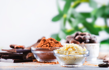 Organic cocoa butter, beans, grated lump, dark chocolate on gray background. Copy space