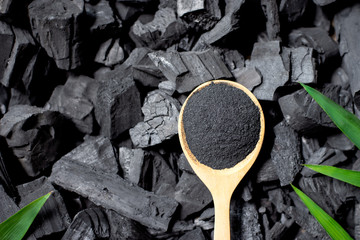 Black ground charcoal, crushed and placed in a spoon placed on a large pile of charcoal.