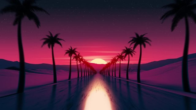 Sunset drive on tropical ocean coast road. Sunset sun over horizon. Palm tree silhouettes along the highway. Mountains on the skyline. Countryside evening trip. Retro wave style 4K Motion Animation