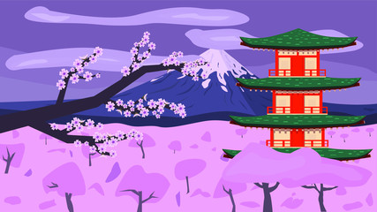 landscape in a Japanese theme with cherry blossoms, snow-capped mountain and a traditional building