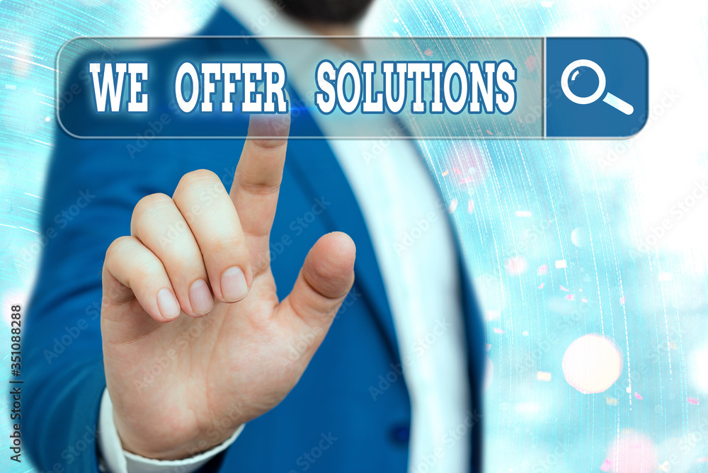 Aufkleber handwriting text writing we offer solutions. conceptual photo way to solve problem or deal with diff