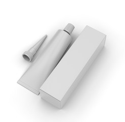Blank industrial adhesive silicone sealant glue sump tube with paper box packaging for branding and mock up design. 3d render illustration.