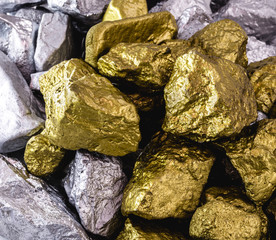 gold and silver nuggets heaped, pile of precious stones. Wealth or fortune concept.