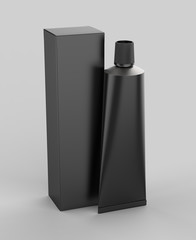 Blank industrial adhesive silicone sealant glue sump tube with paper box packaging for branding and mock up design. 3d render illustration.