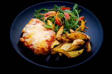Chicken Parmesan Baked in Tomato Sauce with cheese, chips