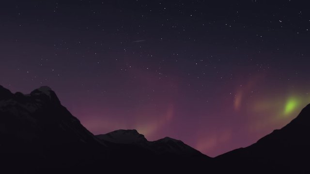 Night starry sky and northern lights or aurora borealis phenomena dynamic motion. Mountain or hill peaks silhouettes on the front. Beautiful scenery time lapse 4K animation with 3D render elements