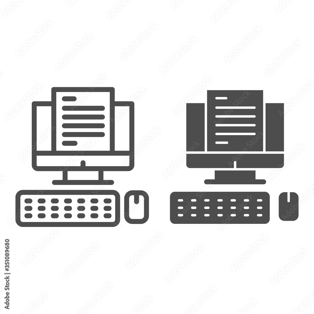 Poster computer monitor with document line and solid icon, business concept, office documentation on screen