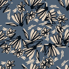 Scribble flower seamless pattern on gray background. Hand drawn floral endless wallpaper.