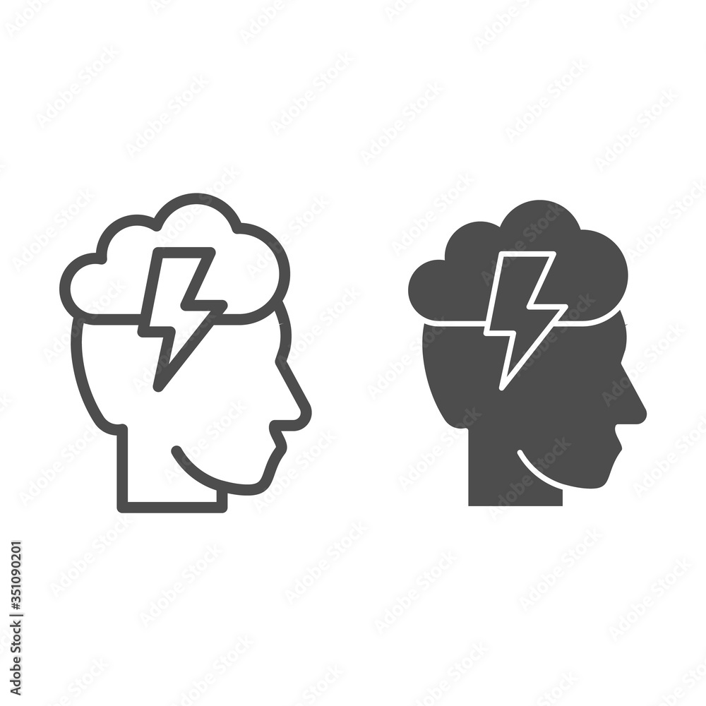 Poster head with lightning and cloud line and solid icon, brainstorming concept, creative thinking idea sig