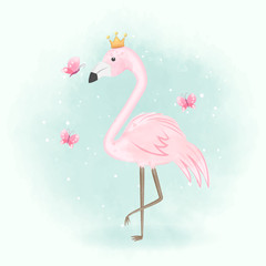 Flamingo and butterflies hand drawn illustration