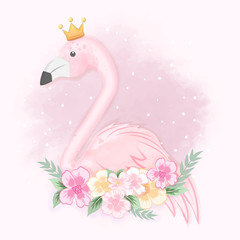 Leuke flamingo met bloemen, met de hand getekende dierlijke aquarelillustratie