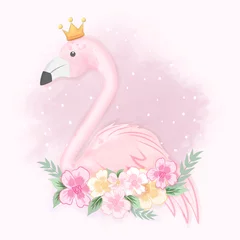 Fototapete Mädchenzimmer Netter Flamingo mit Blumen, handgezeichnete Tieraquarellillustration