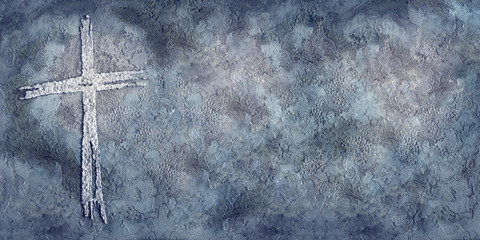 textural, dimensional cross illustration in blues and grays with copy space, worship slide background, wallpaper