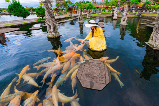 Woman wearing yellow dresses to feed koi fish in Taman Tirtagangga temple on Bali,Indonesia.
