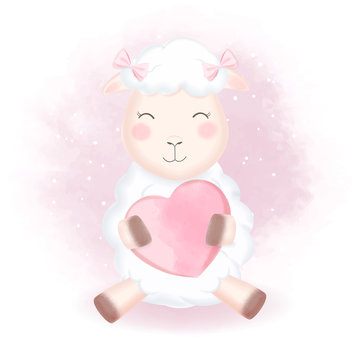 Cute sheep and heart hand drawn animal illustration watercolor background