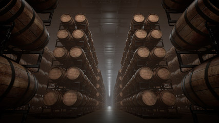 Barrels in warehouse stacked. Wooden oak whiskey, wine or beer barrels sitting in rows inside storage cellar.