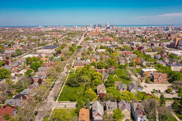 Milwaukee, WI / USA - May 20, 2020:  Aerial view of Milwaukee, Wisconsin looking east towards Downtown from approximately the 3200 block of West State Street.
