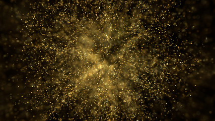 Golden Glitter explosion on black backgrounds. Particles hang in the air.