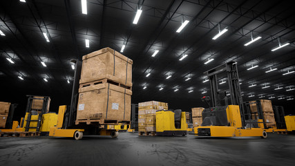 Warehouse machines standing still turned off inside empty storage space.