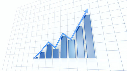 Blue glossy bar graph with animated arrow showing rising trend in business market.