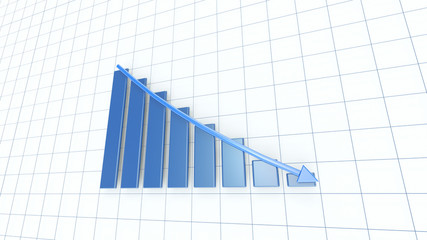 Blue glossy bar graph with arrow line showing negative down trend in business market. White grid background.