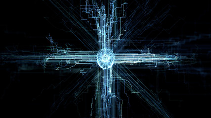 Brain processor calculates data, electrons move from working processor growing digital circuit board lines