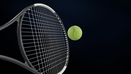 Close up on Tennis Racket Hitting a Green Ball. Front View of Racket Swing.