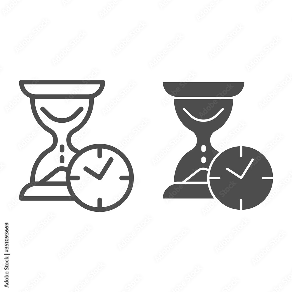 Poster hourglass with clock line and solid icon, time passing concept, urgency and running out of time sign