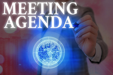 Text sign showing Meeting Agenda. Business photo showcasing items that participants hope to...