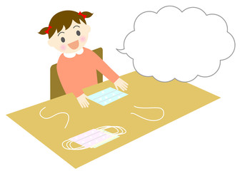 マスクを手作りする女の子と吹き出しのイラスト