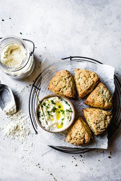 Herb and cheese scones with garlic dip.