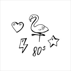 Fashion patch badges with heart, star, flamingo and other elements. Set of stickers and pins in 80s-90s cartoon style. Vector isolated on white background.