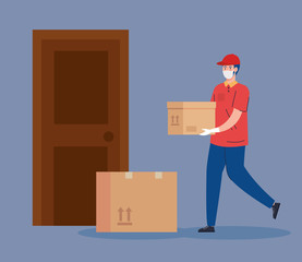 safe contactless delivery courier to house by covid 19 vector illustration design