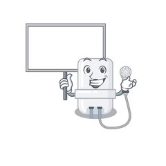 Cartoon picture of electric water heater mascot design style carries a board