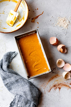 Pumkin bread batter in a baking pan.