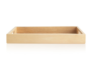 Empty wooden tray isolated on white background