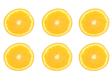 many bright slices of orange  isolated on white background. Flat lay, top view. Fruit composition .fresh fruit  from nature concept