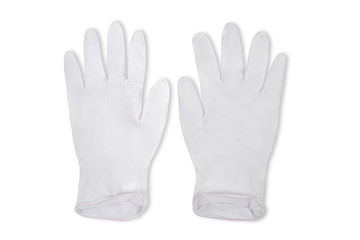 Pair of latex gloves isolated on white background. Multipurpose, Prevents infection and transmission of germs, bacteria, coronaviruses, from food contact and handling of items during work.
