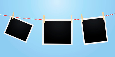 Pictures framed on a rope. Vector image of clothespins photos. Stock template.