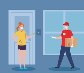 safe contactless delivery courier to house by covid 19 vector illustration design