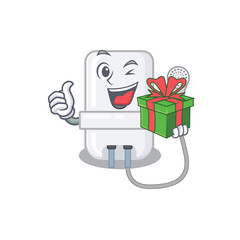 joyful electric water heater cartoon character with a big gift box