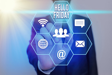 Text sign showing Hello Friday. Business photo showcasing used to express happiness from beginning...