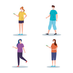 people using medical protective mask against covid 19 vector illustration design