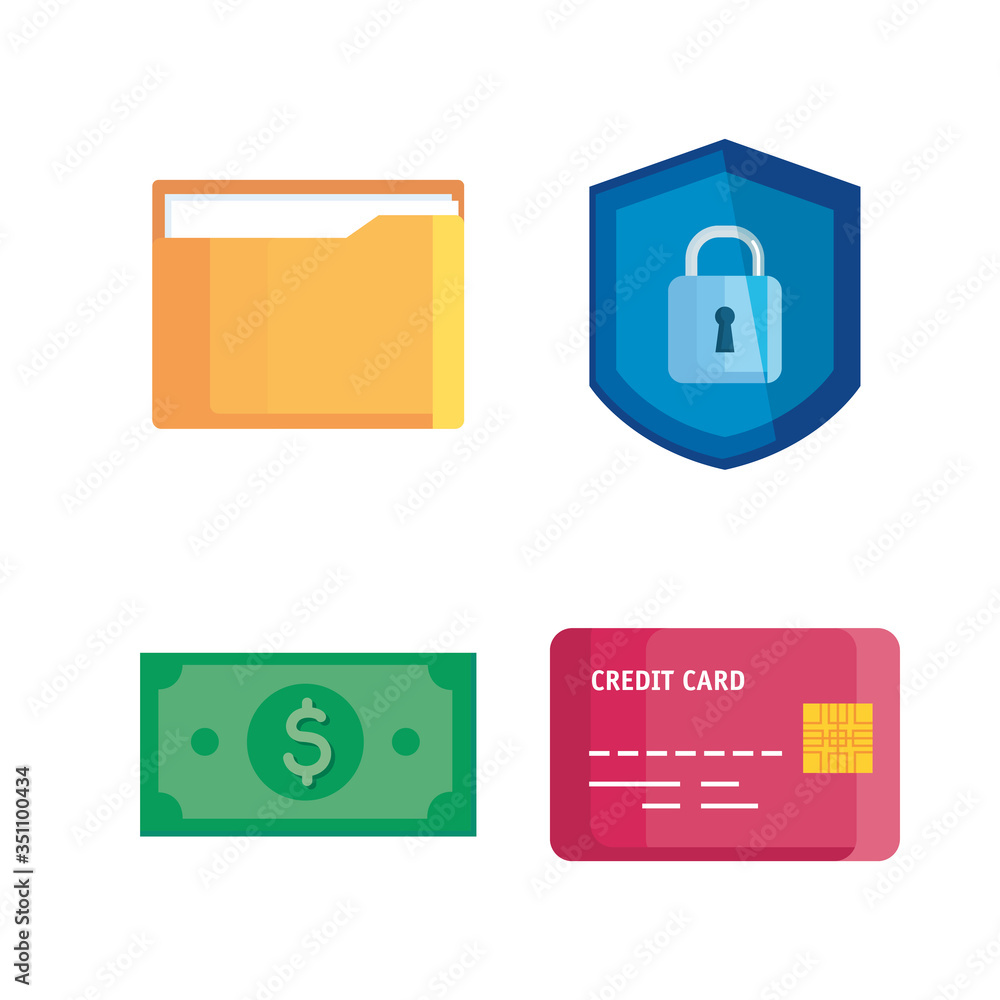 Poster padlock secure in shield with business icons vector illustration design