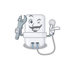 A caricature picture of electric water heater working as a mechanic