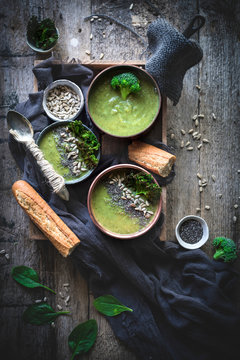 Brocolli soup in a rustic kitchen