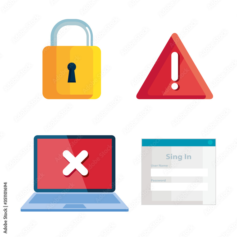 Poster set of icons insecurity and technology error vector illustration design