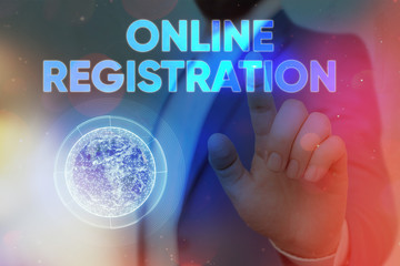 Conceptual hand writing showing Online Registration. Concept meaning System for subscribing or...